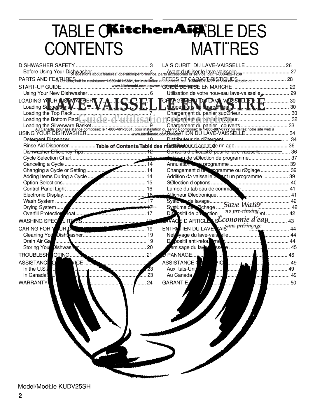 KitchenAid KUDV25SH manual Contents, Table DES Matières 