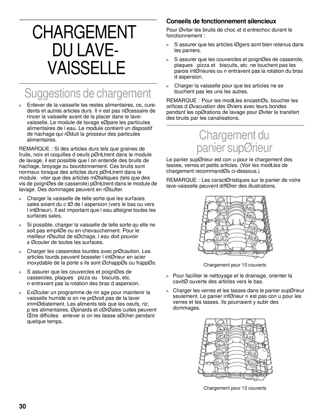 KitchenAid KUDV25SH manual Chargement DU Lave Vaisselle, Suggestions de chargement, Conseils de fonctionnement silencieux 