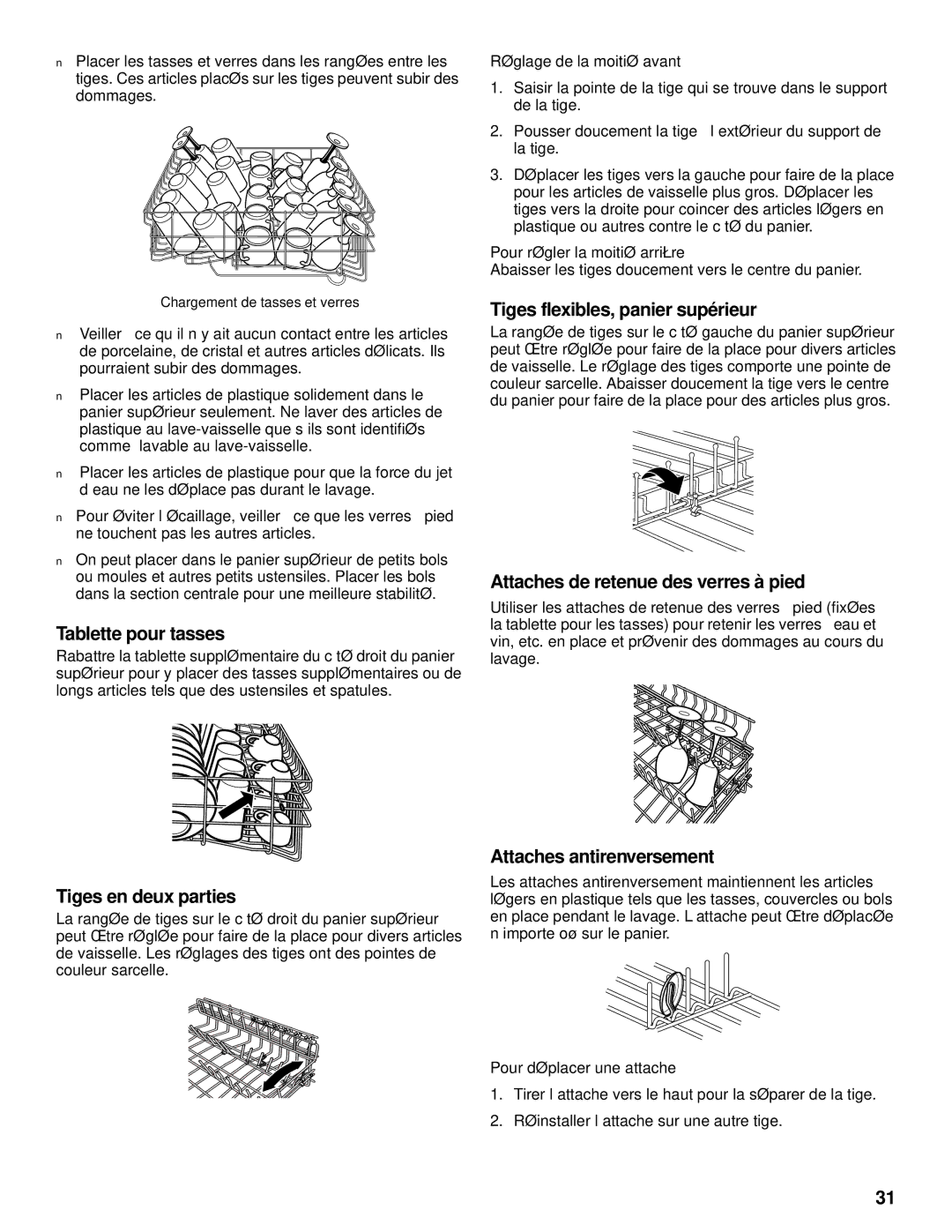 KitchenAid KUDV25SH manual Tablette pour tasses, Tiges en deux parties, Tiges flexibles, panier supérieur 