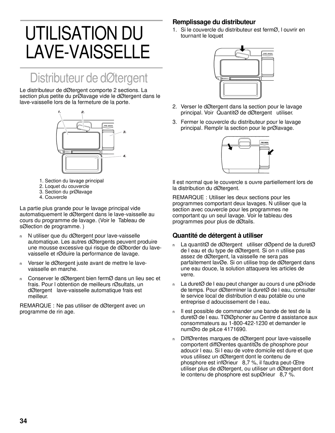 KitchenAid KUDV25SH manual Distributeur de détergent, Remplissage du distributeur, Quantité de détergent à utiliser 