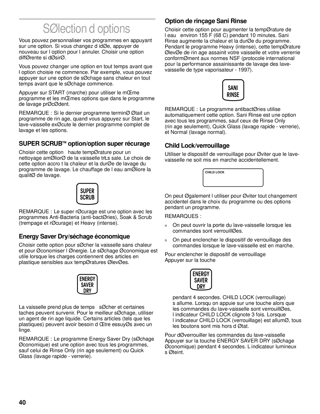 KitchenAid KUDV25SH manual Sélection d’options, Option de rinçage Sani Rinse, Super Scrubtm option/option super récurage 