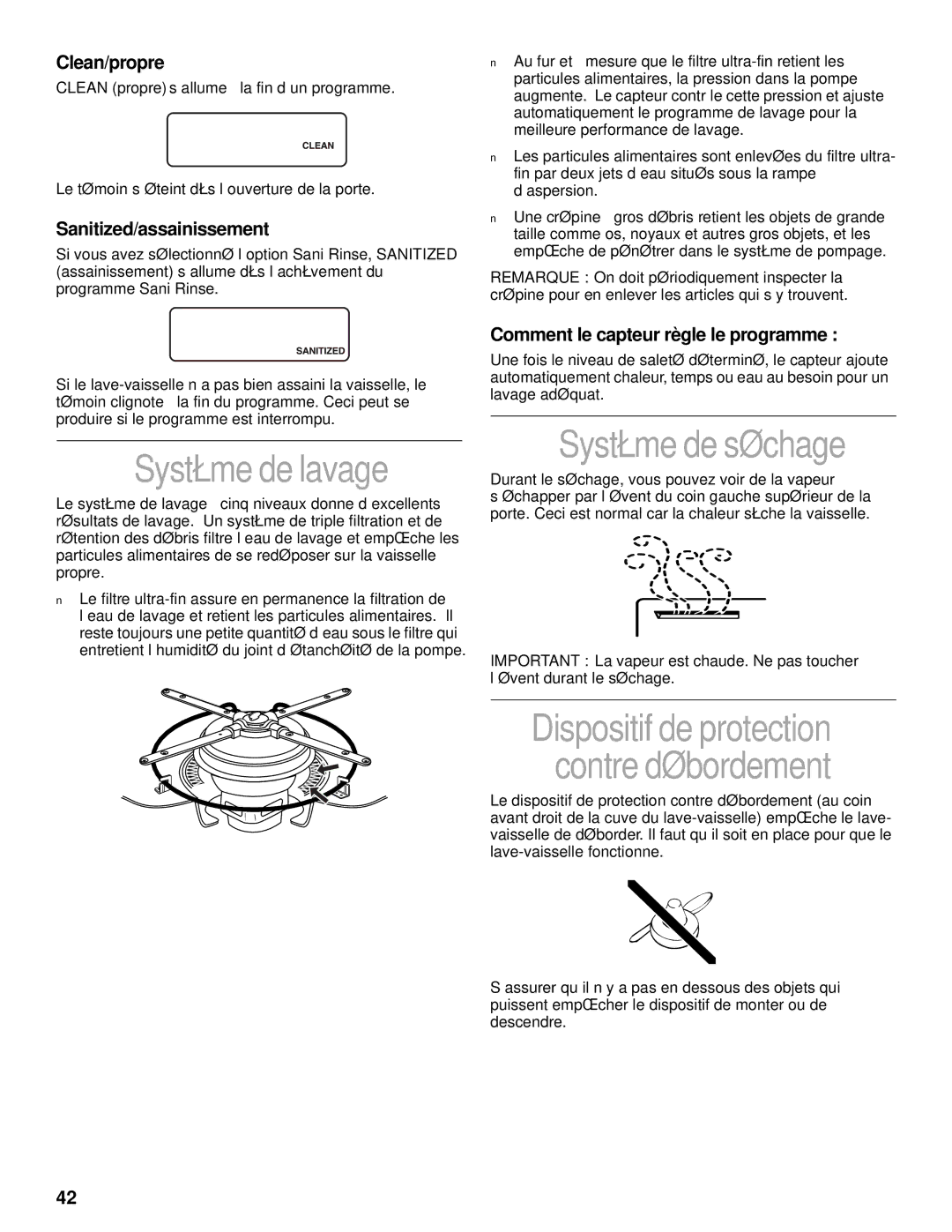 KitchenAid KUDV25SH manual Système de lavage, Système de séchage, Dispositif de protection Contre débordement 