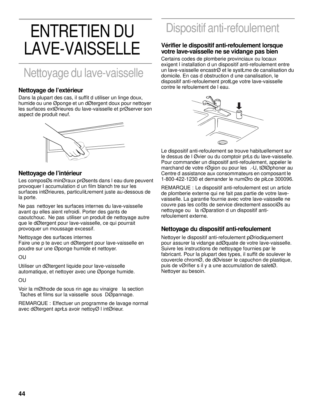 KitchenAid KUDV25SH manual Entretien DU, Dispositif anti-refoulement, Nettoyage du lave-vaisselle 