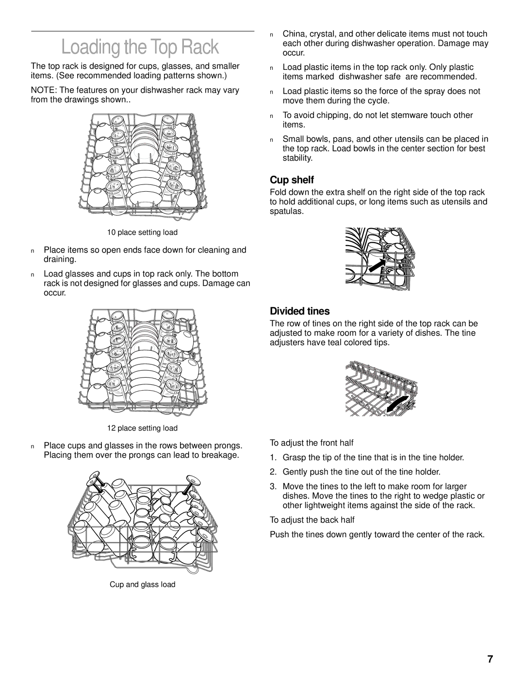 KitchenAid KUDV25SH Loading the Top Rack, Cup shelf, Divided tines, To adjust the front half, To adjust the back half 