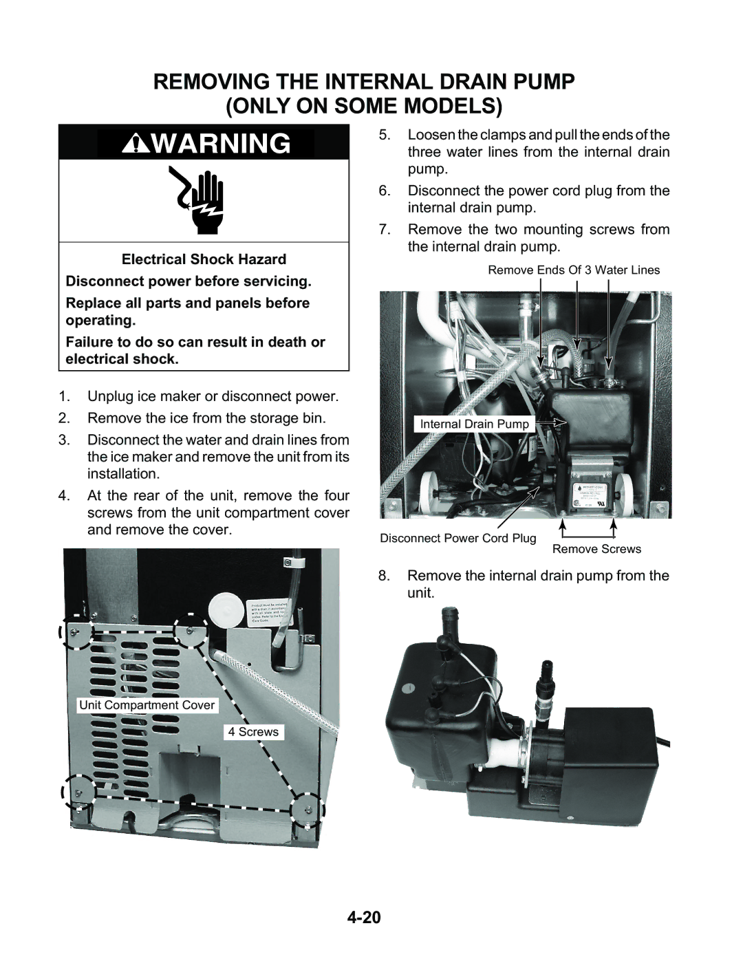 KitchenAid KUIA15NLH, KUIA18NNJ, KUIA18PNL, KUIA15RRL, KUIA15PLL manual Removing the Internal Drain Pump Only on Some Models 