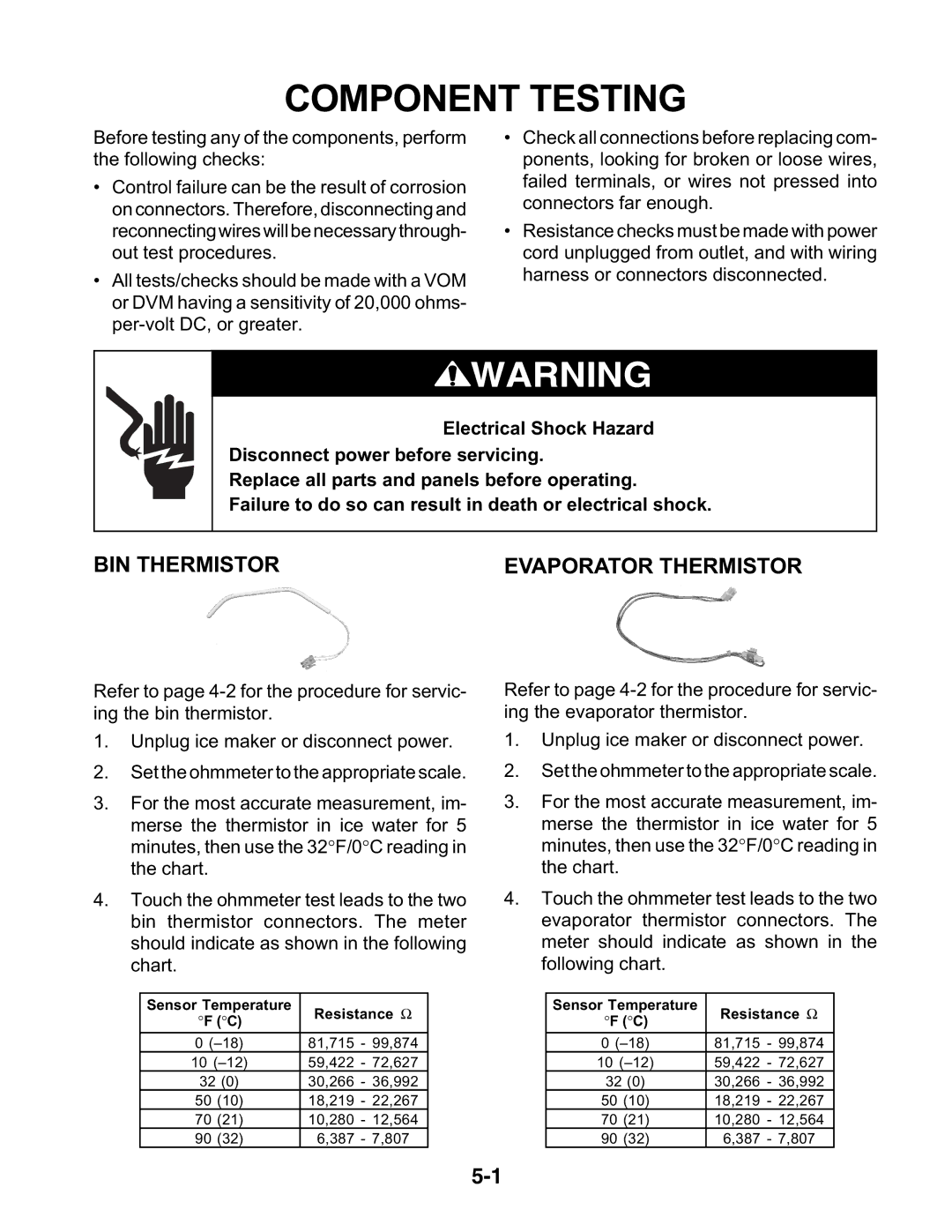 KitchenAid KUIS15PRH, KUIA15NLH, KUIA18NNJ, KUIA18PNL, KUIA15RRL, KUIA15PLL, KUIA15NRH manual Component Testing, BIN Thermistor 