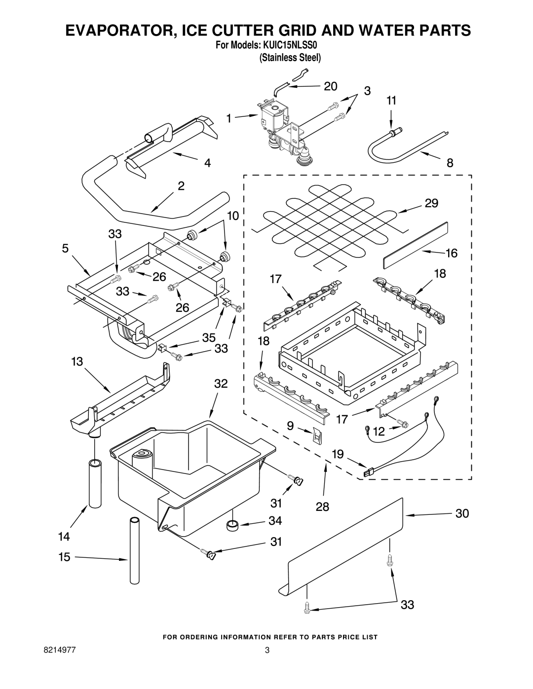 KitchenAid KUIC15NLSS0 manual EVAPORATOR, ICE Cutter Grid and Water Parts 