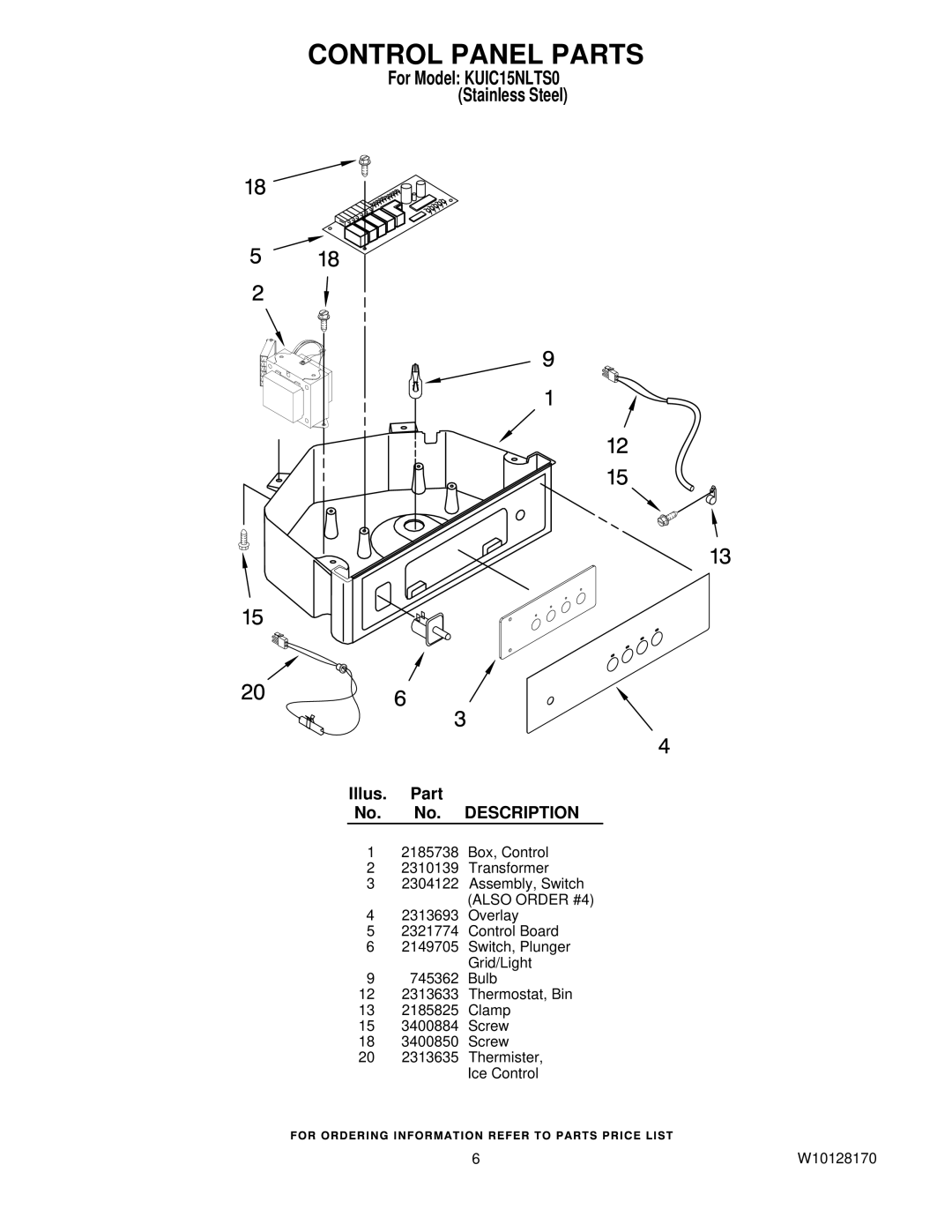 KitchenAid KUIC15NLTS0 manual Control Panel Parts 