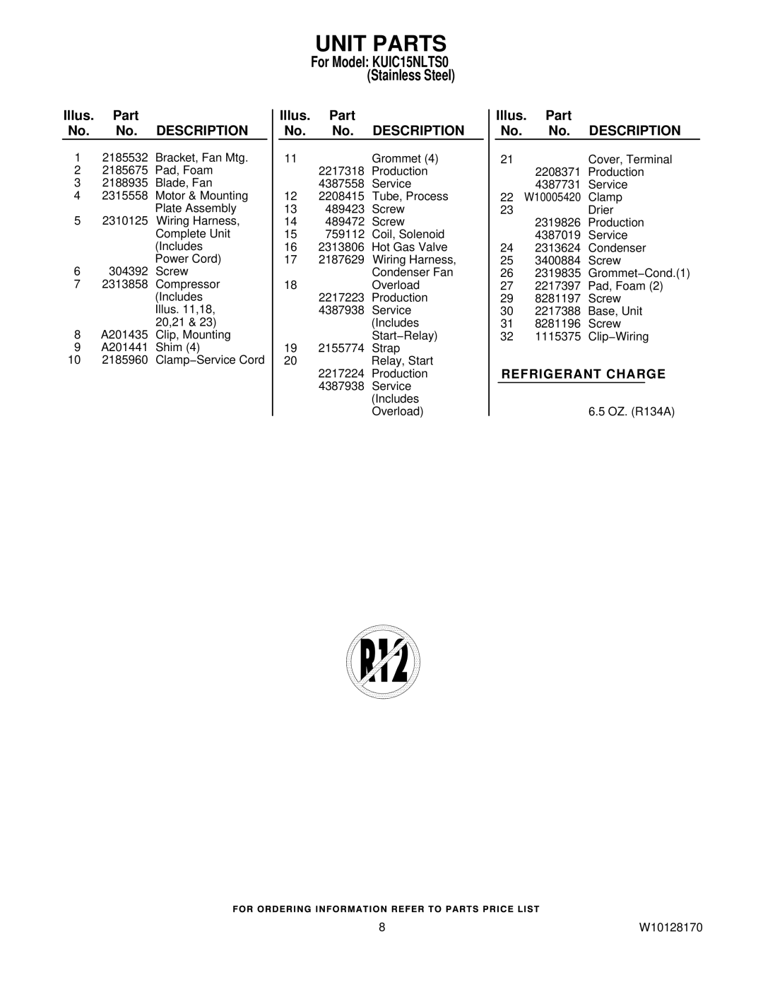 KitchenAid KUIC15NLTS0 manual Unit Parts 