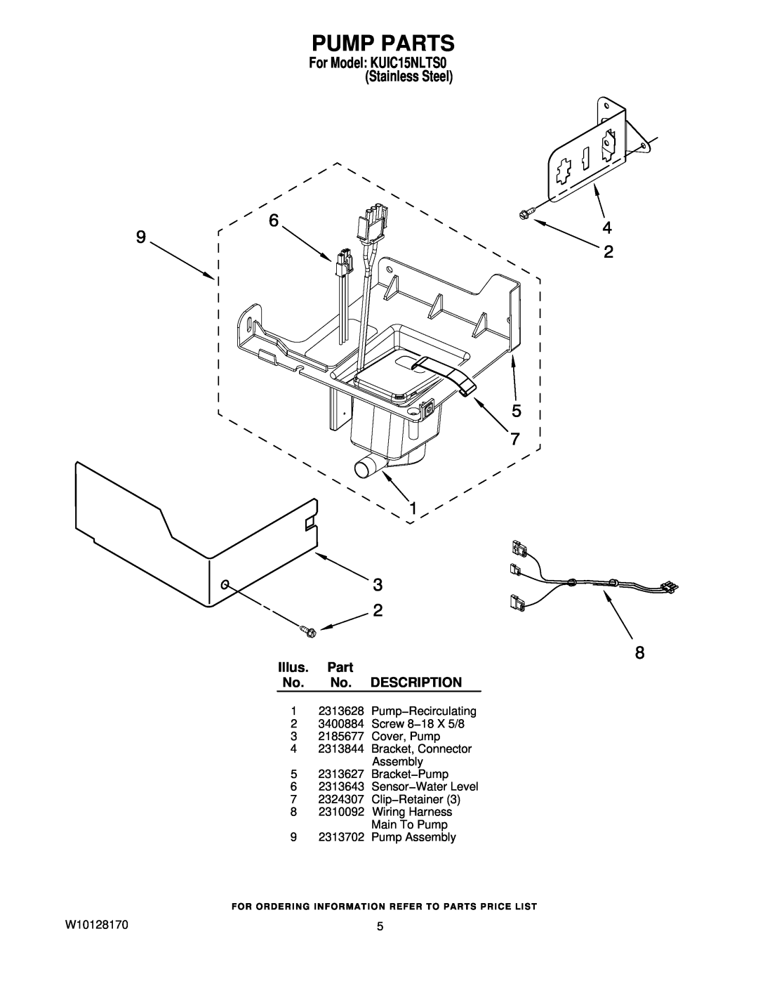 KitchenAid manual Pump Parts, Illus. Part No. No. DESCRIPTION, For Model KUIC15NLTS0 Stainless Steel 