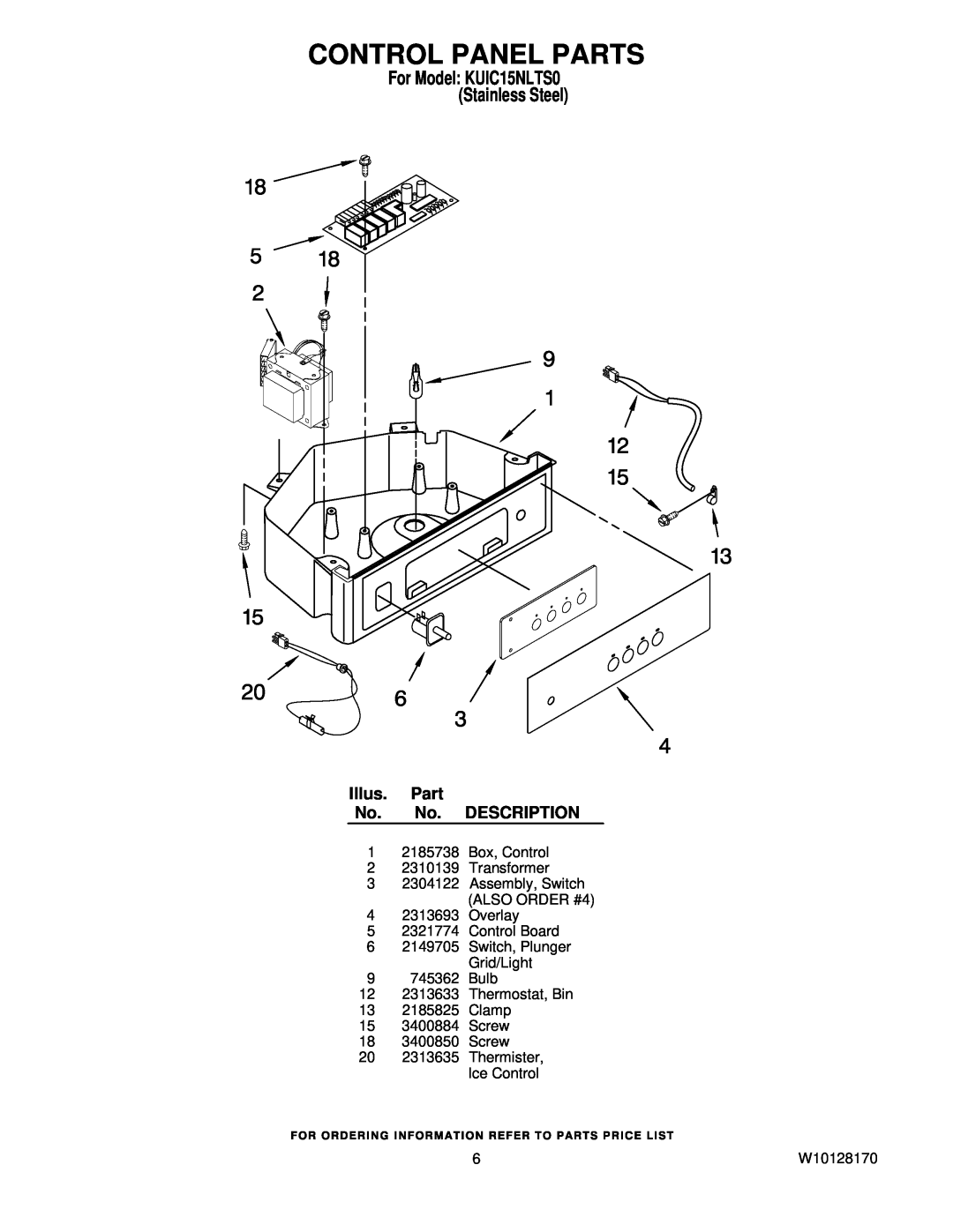 KitchenAid manual Control Panel Parts, For Model KUIC15NLTS0 Stainless Steel, Illus. Part No. No. DESCRIPTION, W10128170 
