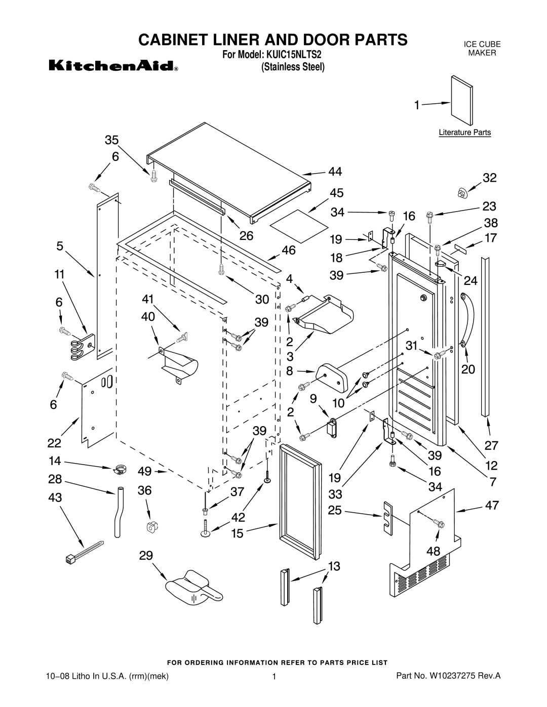 KitchenAid KUIC15NLTS2 manual Cabinet Liner and Door Parts 