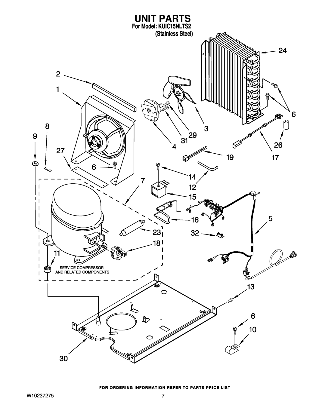 KitchenAid manual Unit Parts, W10237275, For Model KUIC15NLTS2 Stainless Steel 