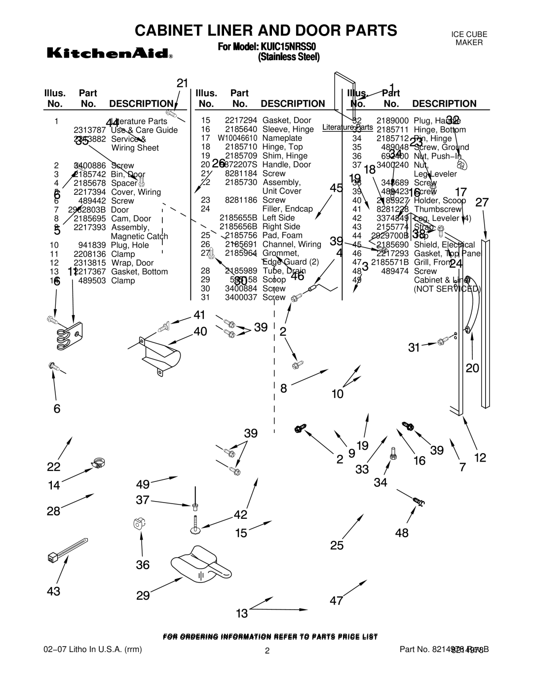 KitchenAid KUIC15NRSS0 manual Cabinet Liner and Door Parts, Illus. Part No. No. Description 