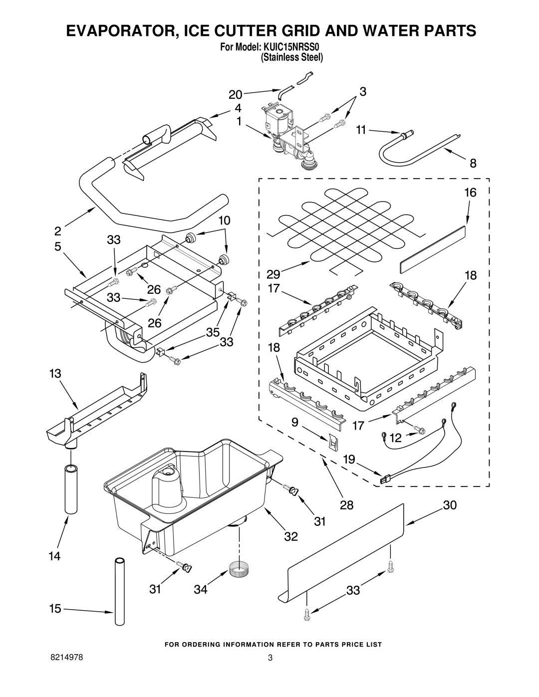 KitchenAid KUIC15NRSS0 manual EVAPORATOR, ICE Cutter Grid and Water Parts 