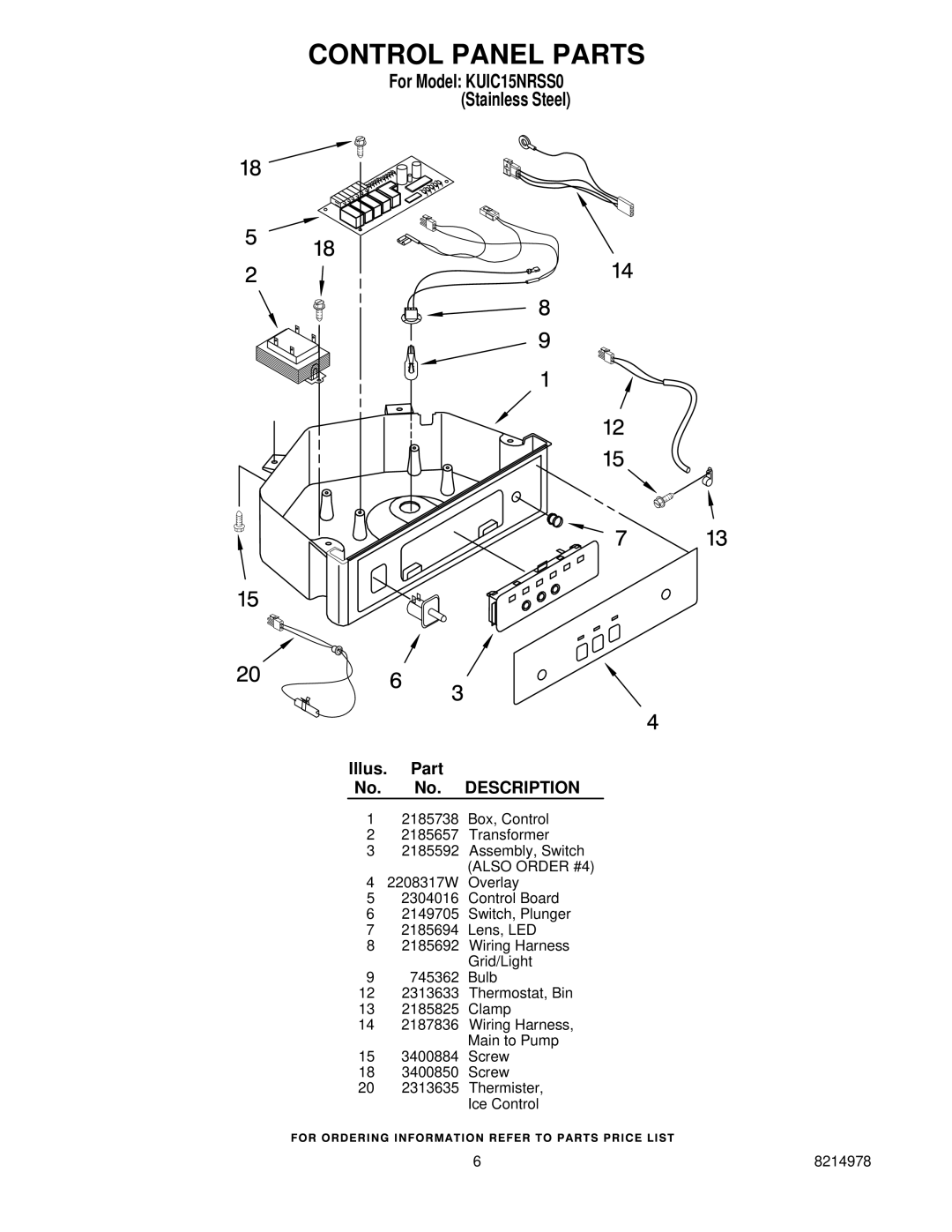 KitchenAid KUIC15NRSS0 manual Control Panel Parts 