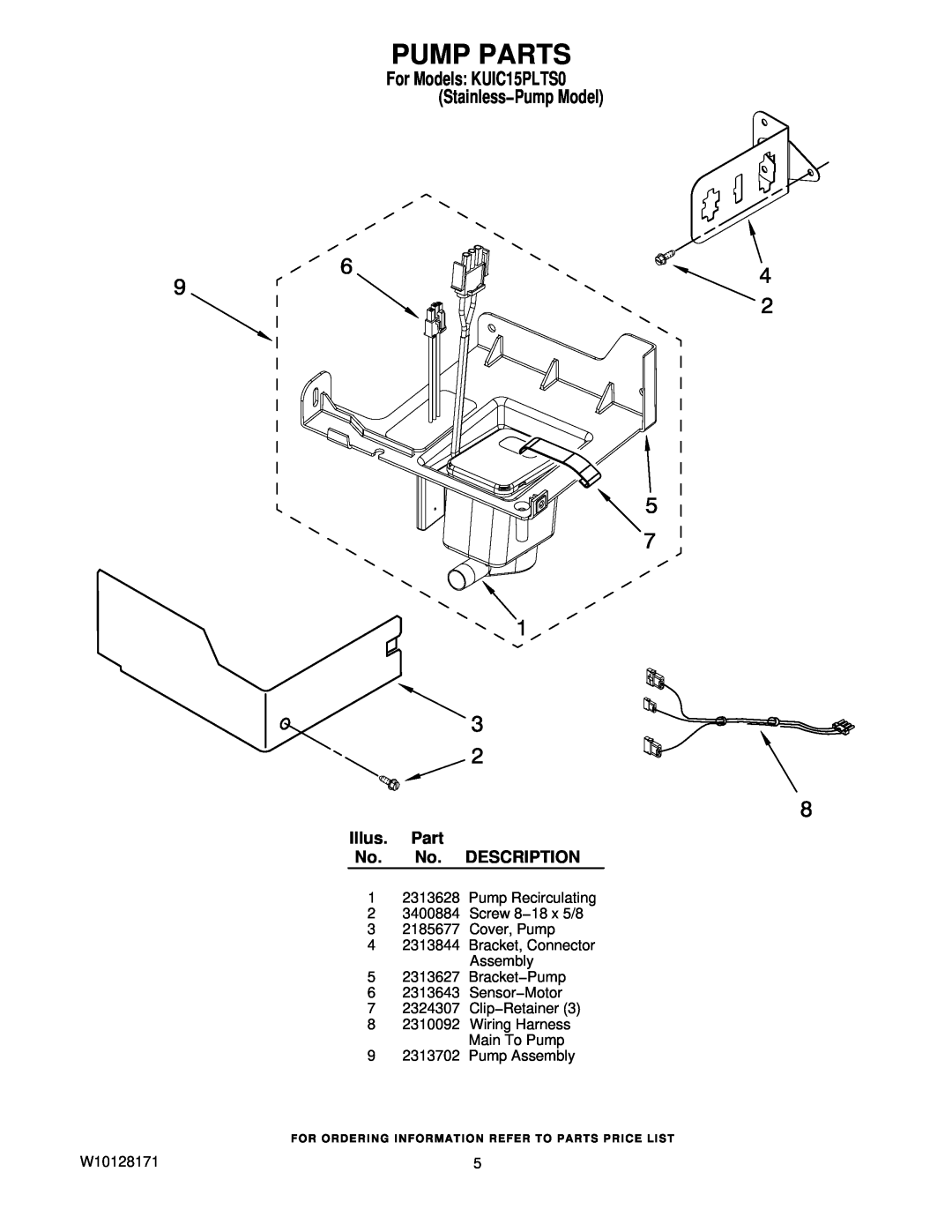 KitchenAid manual Pump Parts, Illus. Part No. No. DESCRIPTION, For Models KUIC15PLTS0 Stainless−Pump Model 