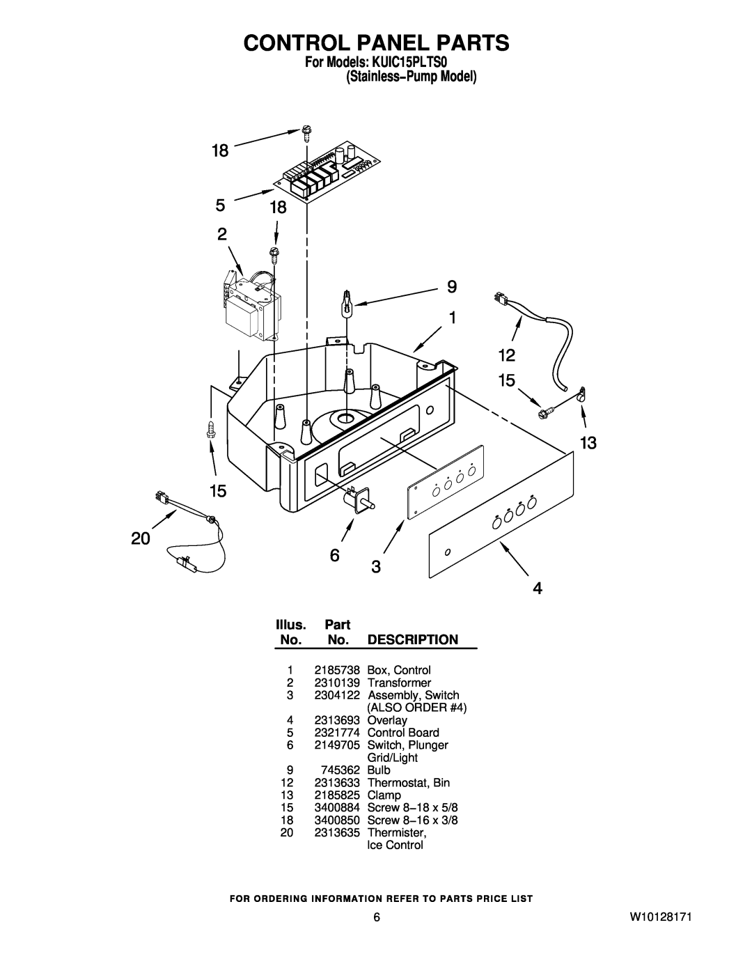 KitchenAid manual Control Panel Parts, For Models KUIC15PLTS0 Stainless−Pump Model, Illus. Part No. No. DESCRIPTION 