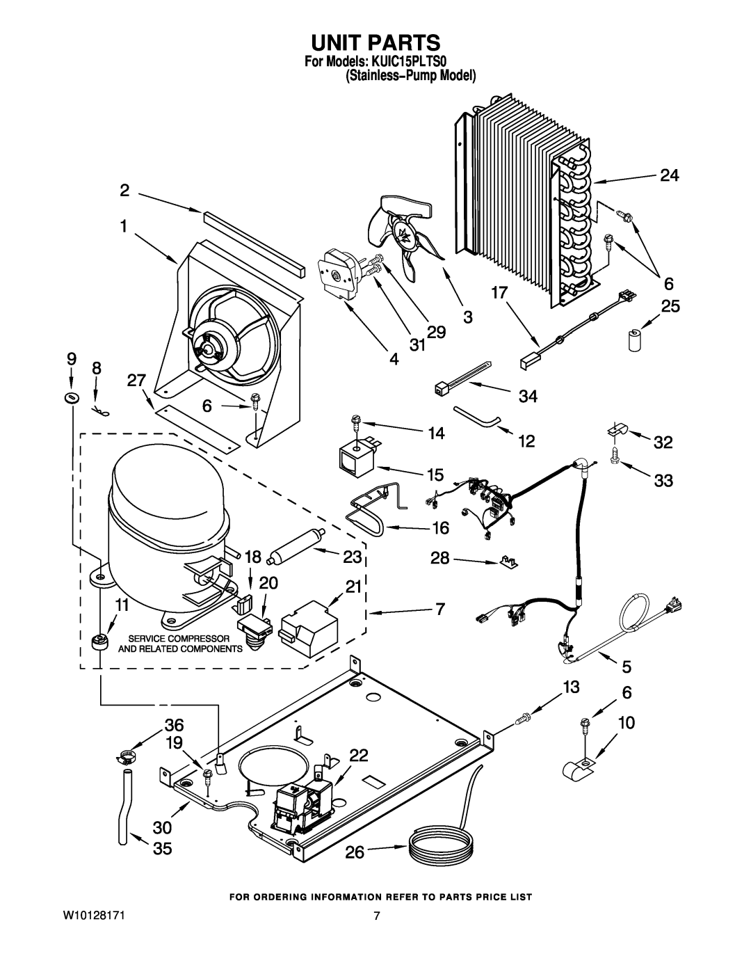KitchenAid manual Unit Parts, W10128171, For Models KUIC15PLTS0 Stainless−Pump Model 