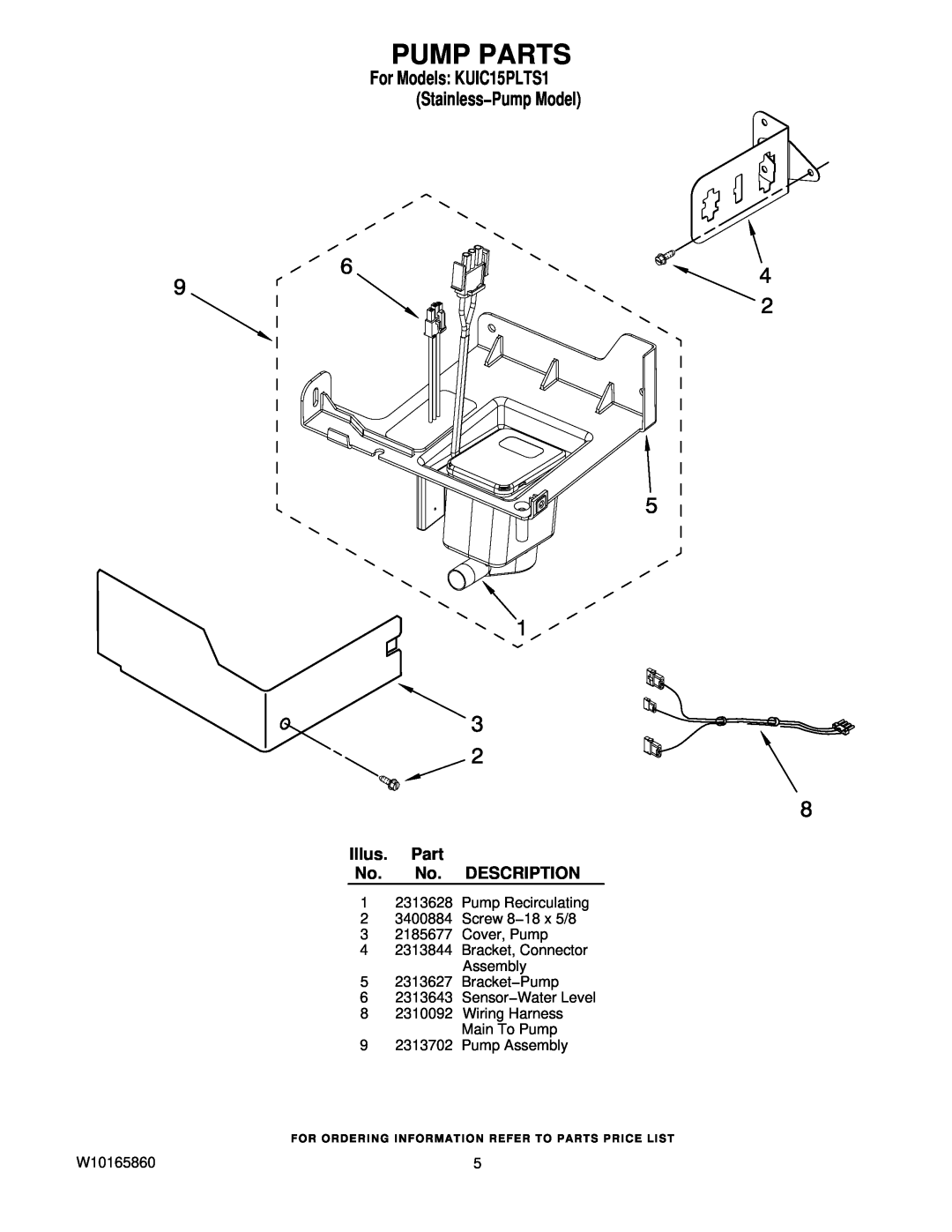 KitchenAid manual Pump Parts, Illus. Part No. No. DESCRIPTION, For Models KUIC15PLTS1 Stainless−Pump Model 