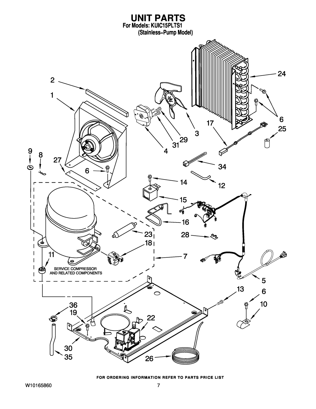 KitchenAid manual Unit Parts, W10165860, For Models KUIC15PLTS1 Stainless−Pump Model 