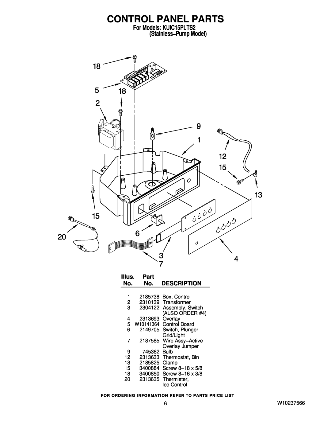 KitchenAid manual Control Panel Parts, For Models KUIC15PLTS2 Stainless−Pump Model, Illus. Part No. No. DESCRIPTION 