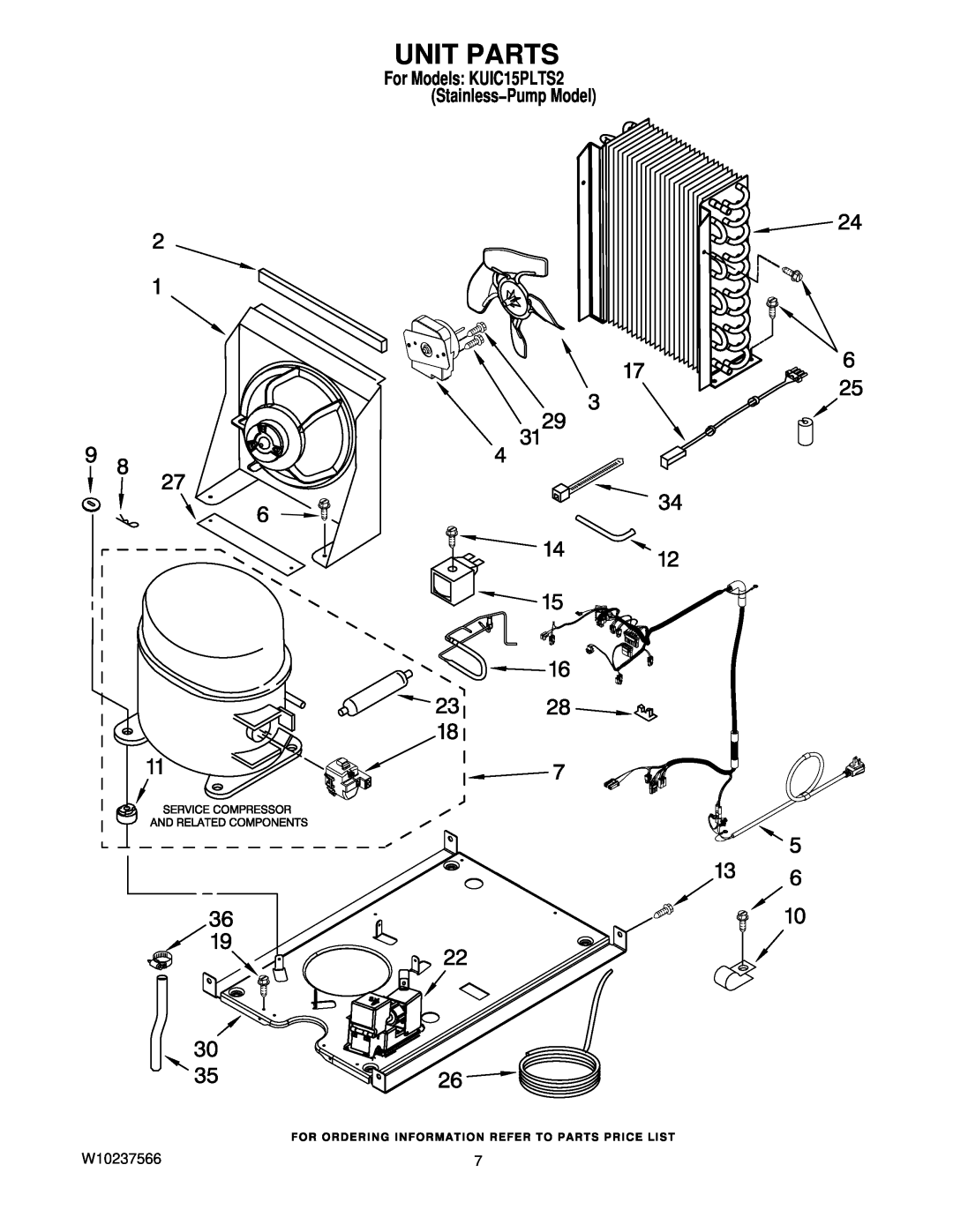 KitchenAid manual Unit Parts, W10237566, For Models KUIC15PLTS2 Stainless−Pump Model 