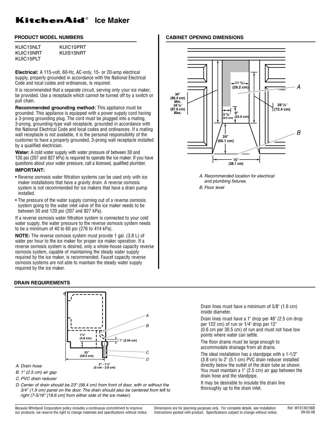 KitchenAid dimensions Ice Maker, Product Model Numbers, KUIC15NLT KUIC15PRT KUIC15NRT KUIS15NRT KUIC15PLT 