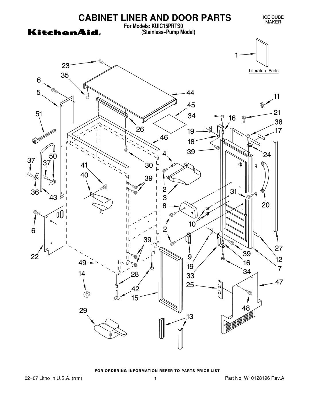 KitchenAid KUIC15PRTS0 manual Cabinet Liner and Door Parts 