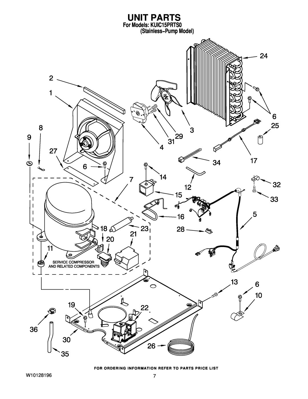 KitchenAid manual Unit Parts, W10128196, For Models KUIC15PRTS0 Stainless−Pump Model 