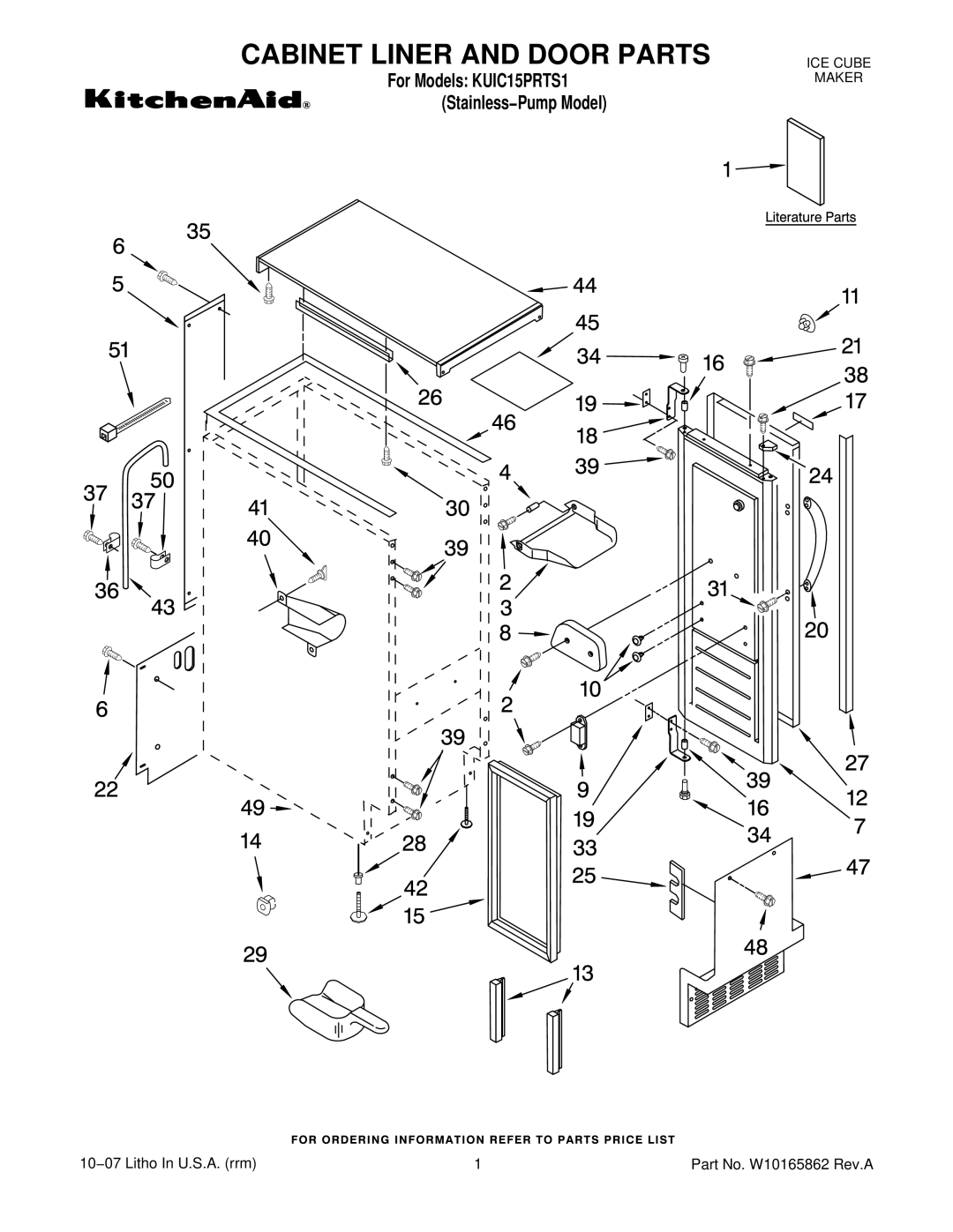 KitchenAid KUIC15PRTS1 manual Cabinet Liner and Door Parts 