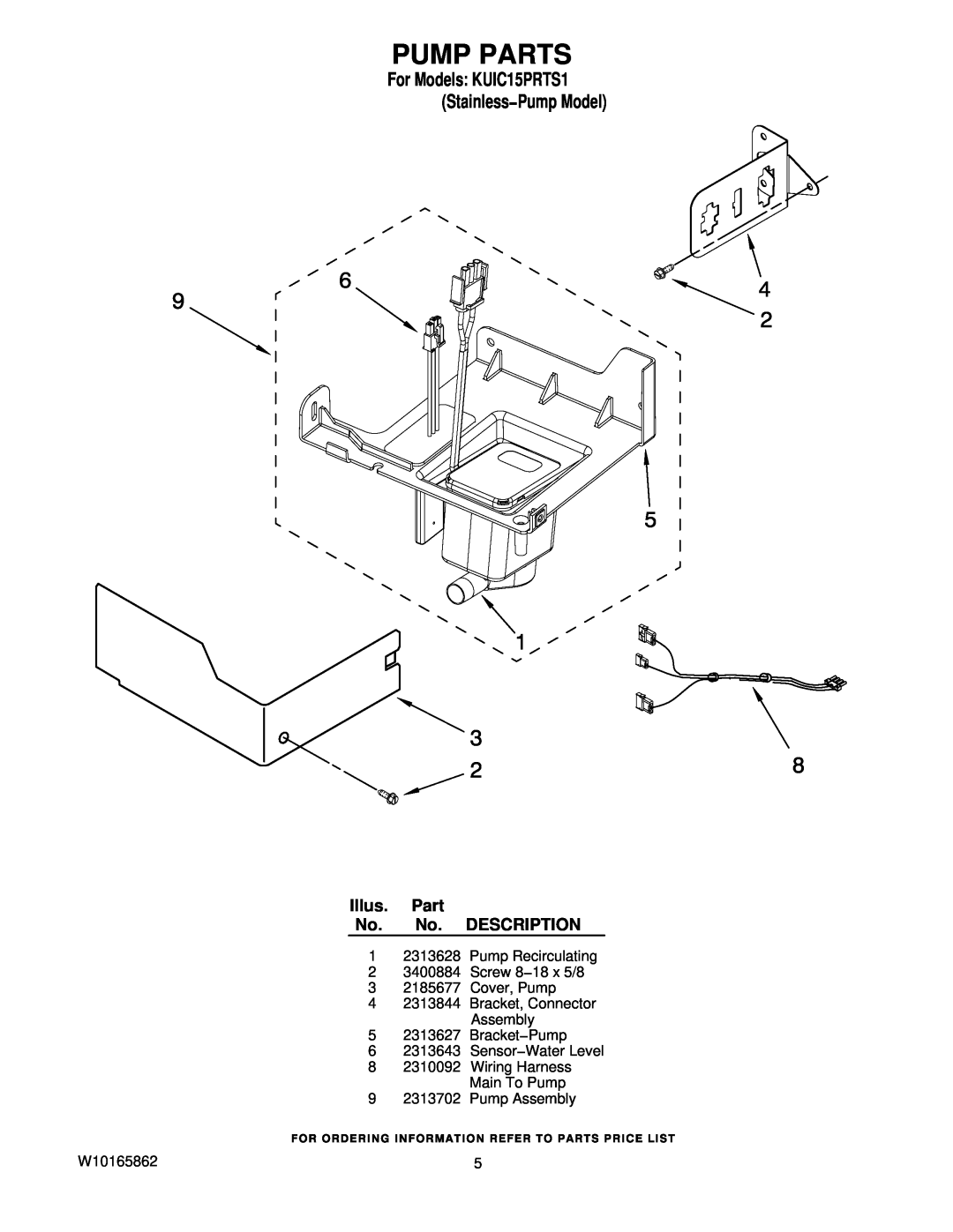 KitchenAid manual Pump Parts, Illus. Part No. No. DESCRIPTION, For Models KUIC15PRTS1 Stainless−Pump Model 