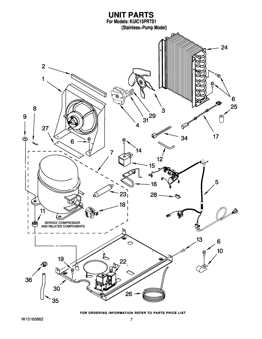 KitchenAid manual Unit Parts, W10165862, For Models KUIC15PRTS1 Stainless−Pump Model 