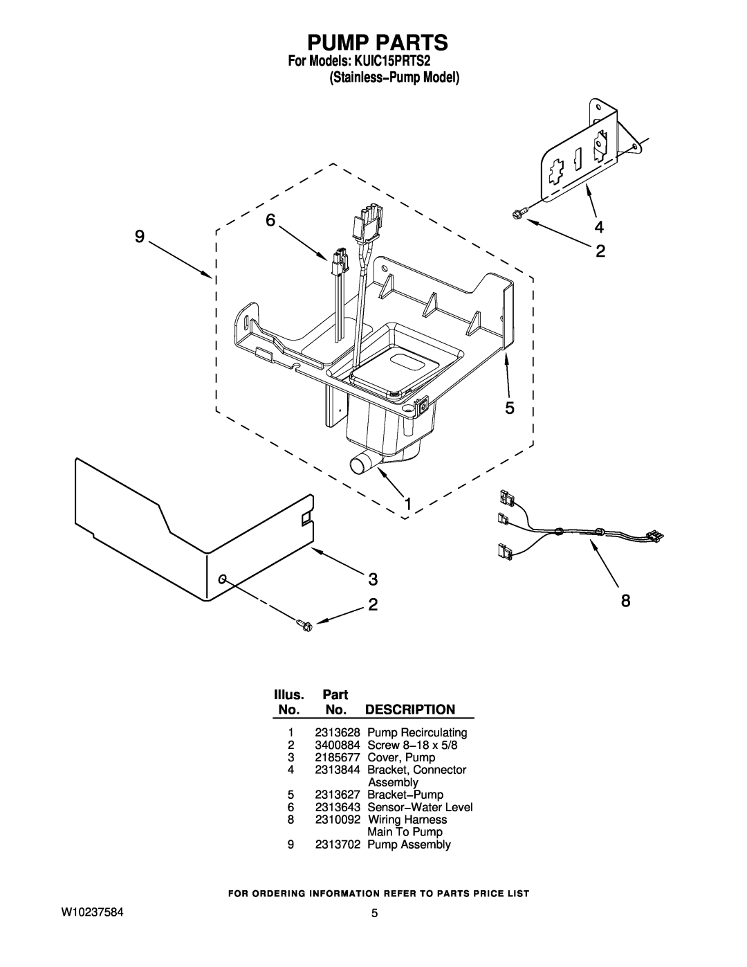 KitchenAid manual Pump Parts, Illus. Part No. No. DESCRIPTION, For Models KUIC15PRTS2 Stainless−Pump Model 