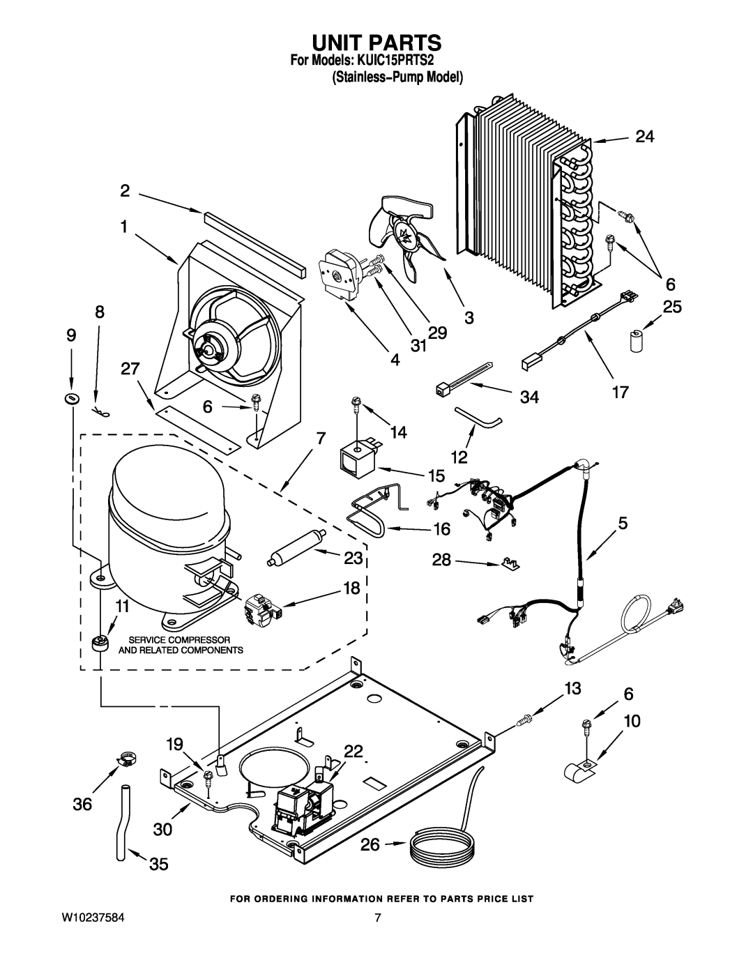 KitchenAid manual Unit Parts, W10237584, For Models KUIC15PRTS2 Stainless−Pump Model 