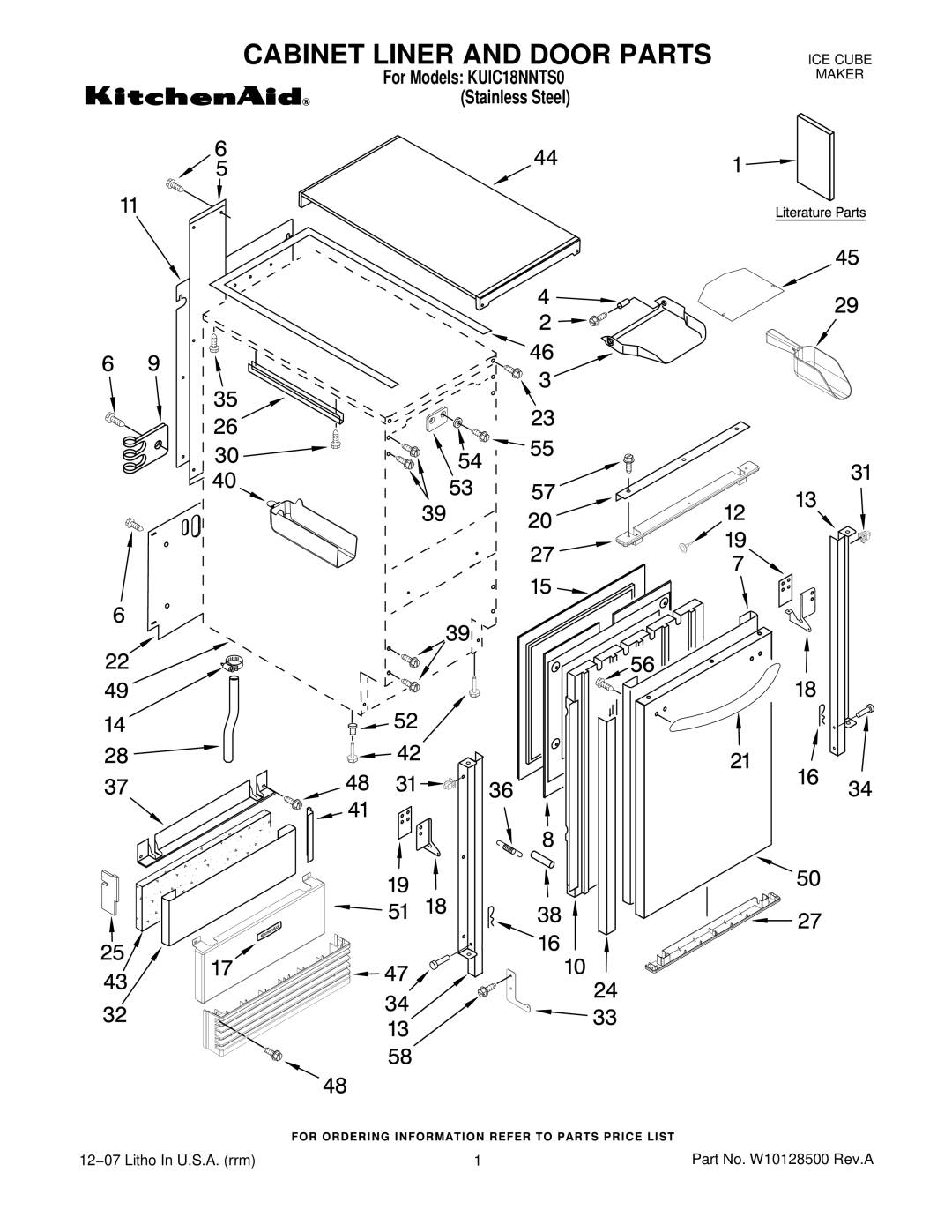 KitchenAid KUIC18NNTS0 manual Cabinet Liner and Door Parts 