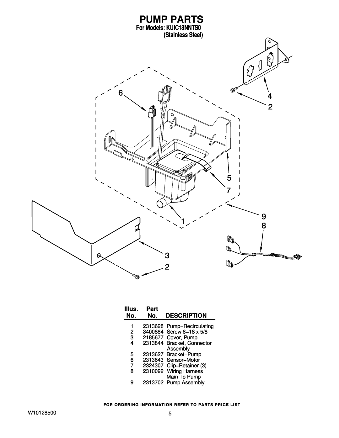 KitchenAid manual Pump Parts, Illus. Part No. No. DESCRIPTION, For Models KUIC18NNTS0 Stainless Steel 