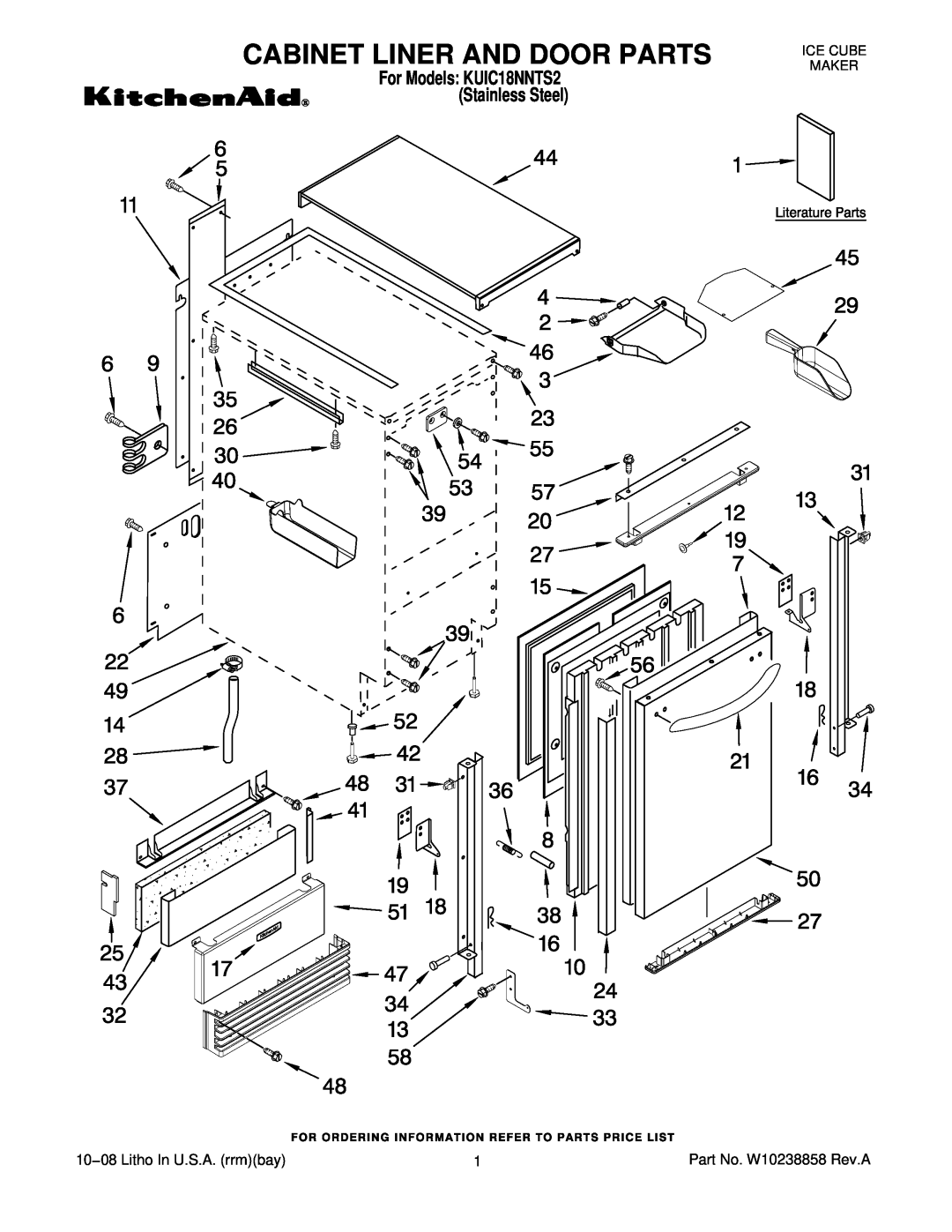 KitchenAid manual Cabinet Liner And Door Parts, For Models KUIC18NNTS2 Stainless Steel, Ice Cube Maker 