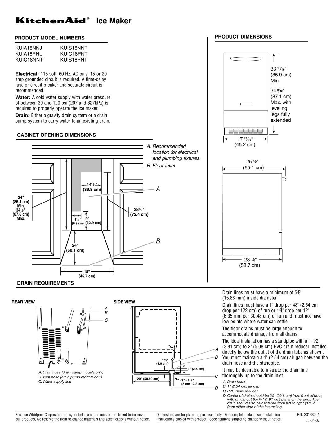 KitchenAid KUIC18NNT, KUIC18PNT dimensions Ice Maker, Product Model Numbers, Cabinet Opening Dimensions Product Dimensions 