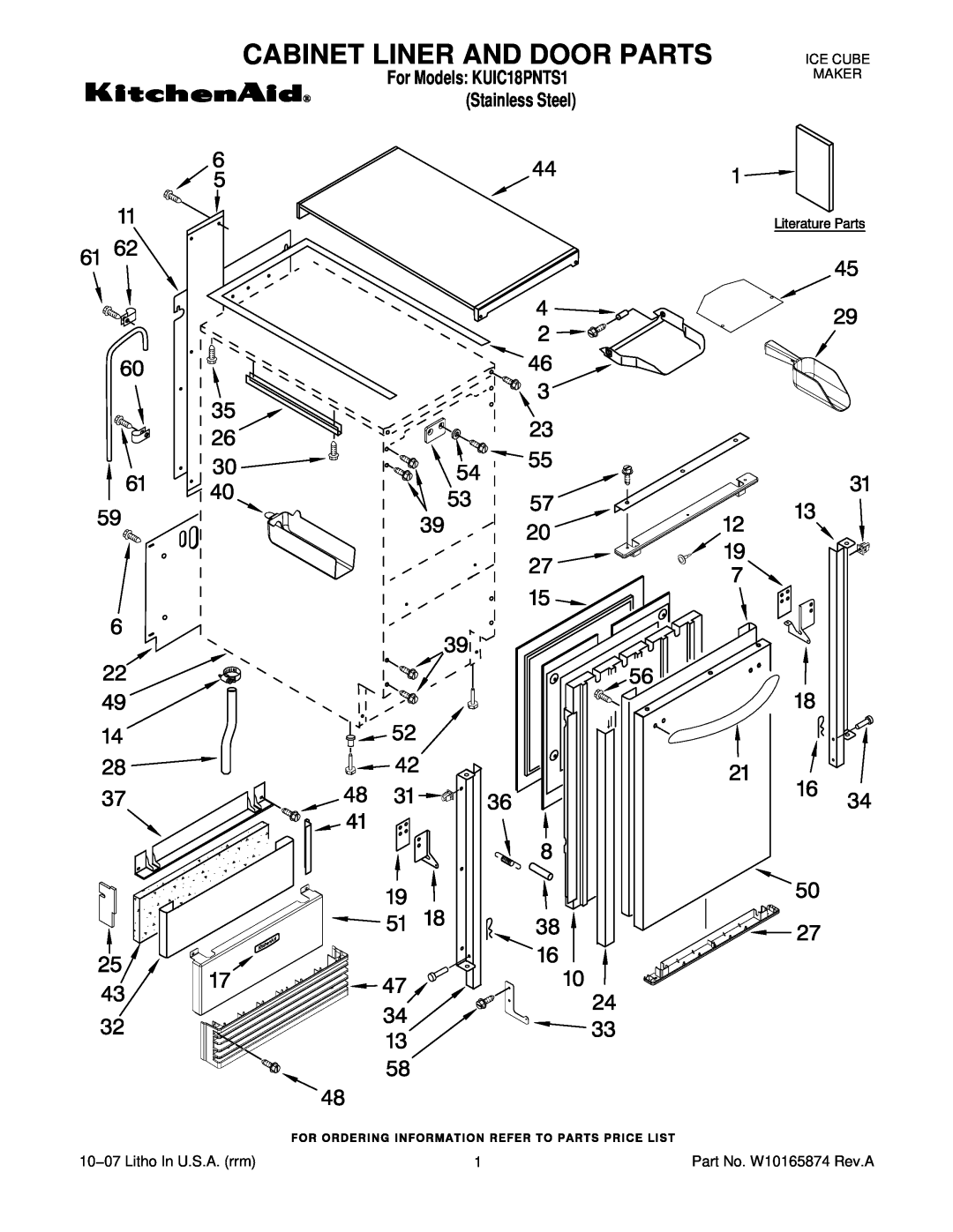 KitchenAid manual Cabinet Liner And Door Parts, For Models KUIC18PNTS1 Stainless Steel, Ice Cube Maker 
