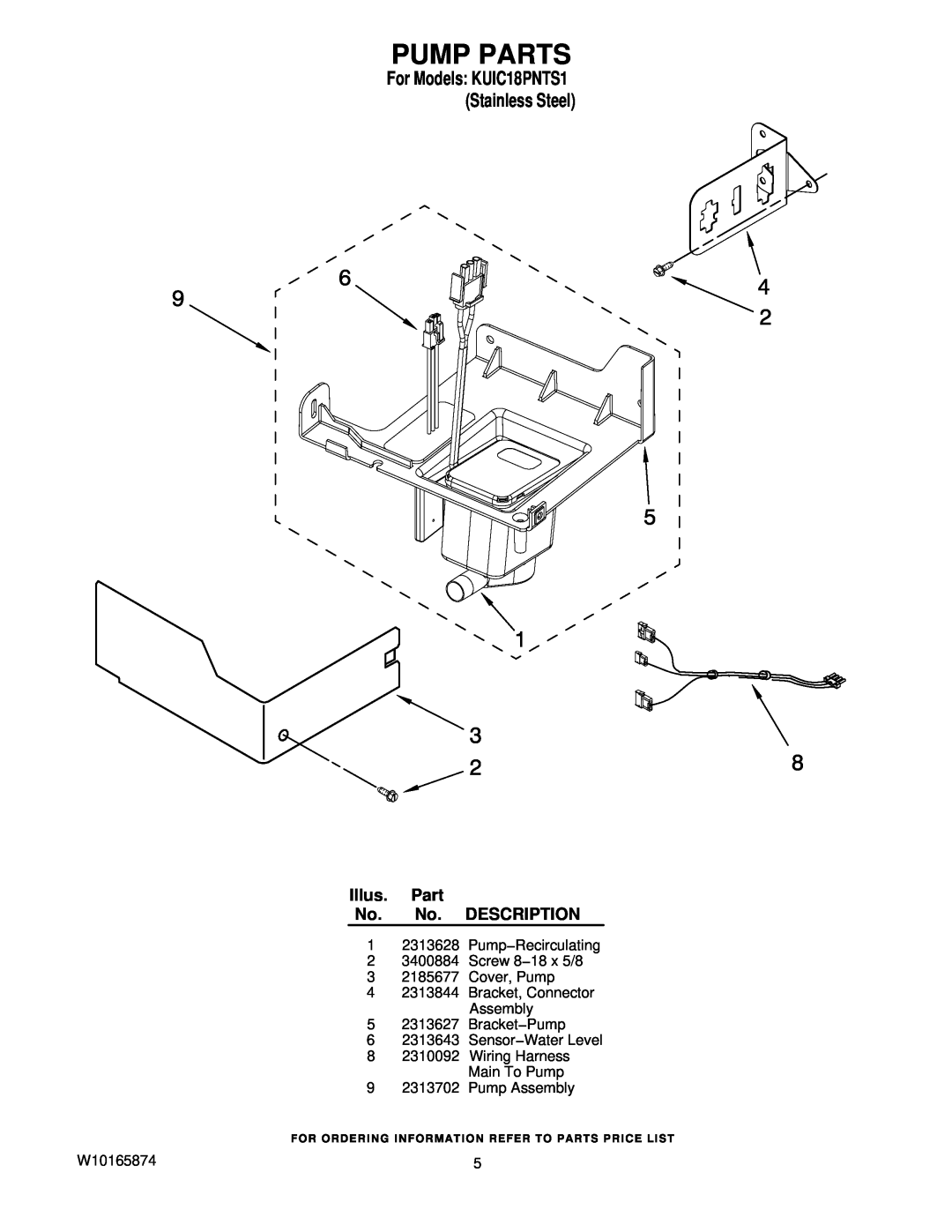 KitchenAid manual Pump Parts, Illus. Part No. No. DESCRIPTION, For Models KUIC18PNTS1 Stainless Steel 