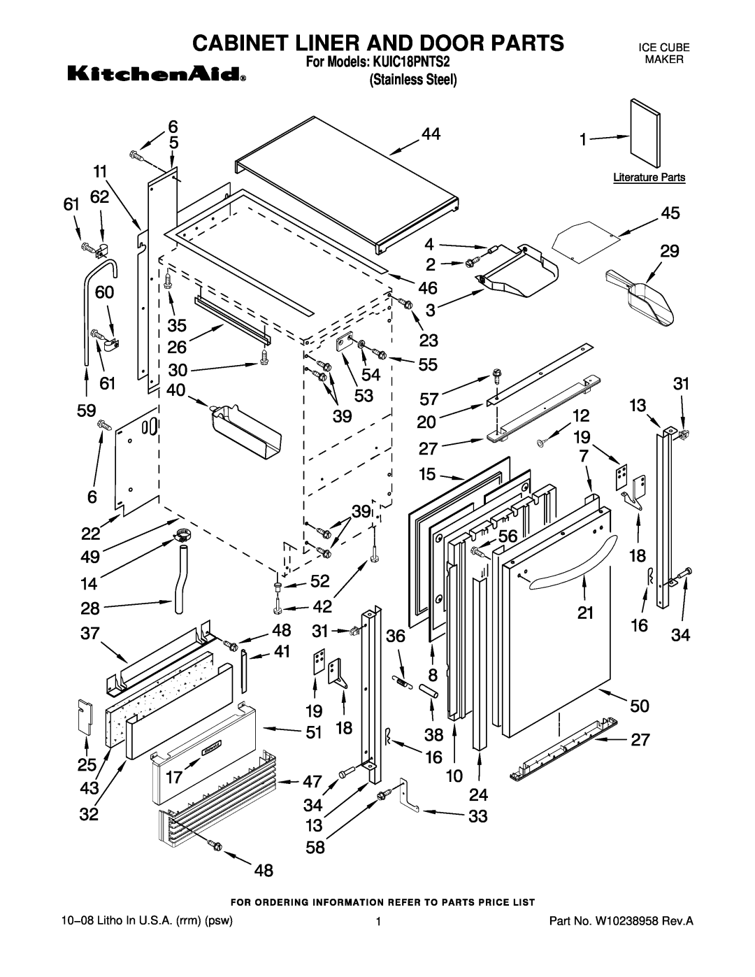 KitchenAid manual Cabinet Liner And Door Parts, For Models KUIC18PNTS2 Stainless Steel, Ice Cube Maker 