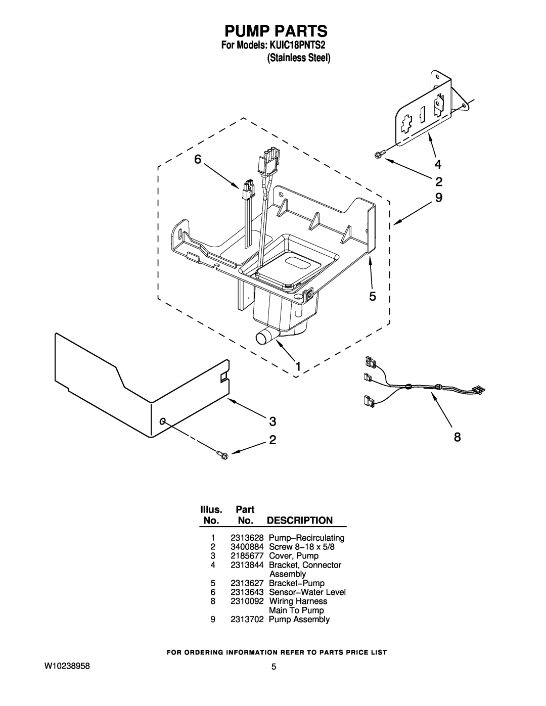 KitchenAid manual Pump Parts, Illus. Part No. No. DESCRIPTION, For Models KUIC18PNTS2 Stainless Steel 