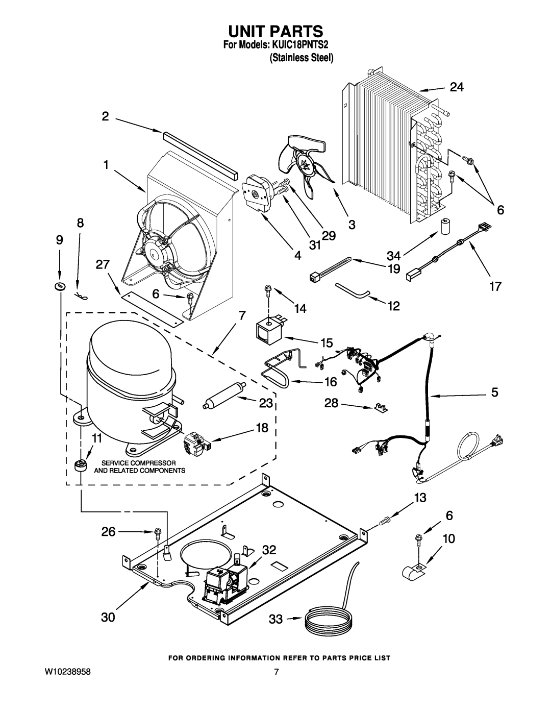 KitchenAid manual Unit Parts, W10238958, For Models KUIC18PNTS2 Stainless Steel 
