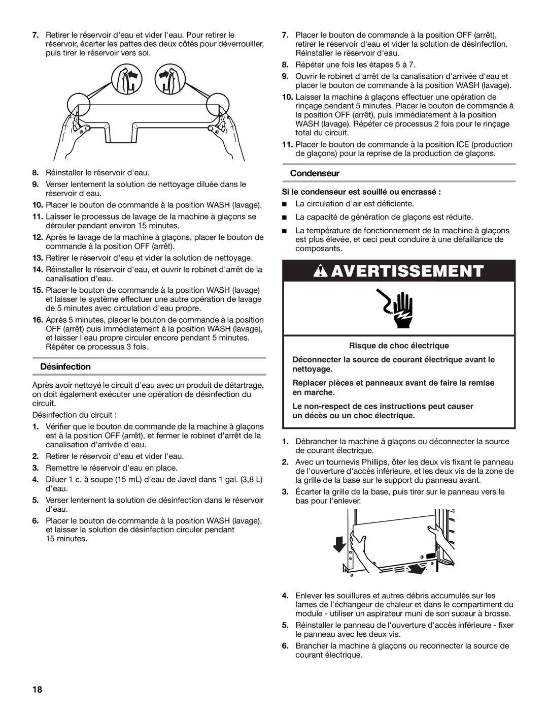 KitchenAid KUIO15NNLS manual Désinfection, Condenseur, Si le condenseur est souillé ou encrassé 