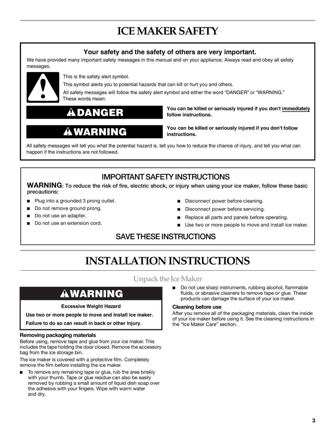 KitchenAid KUIO15NNLS manual ICE Maker Safety, Installation Instructions, Unpack the Ice Maker, Cleaning before use 