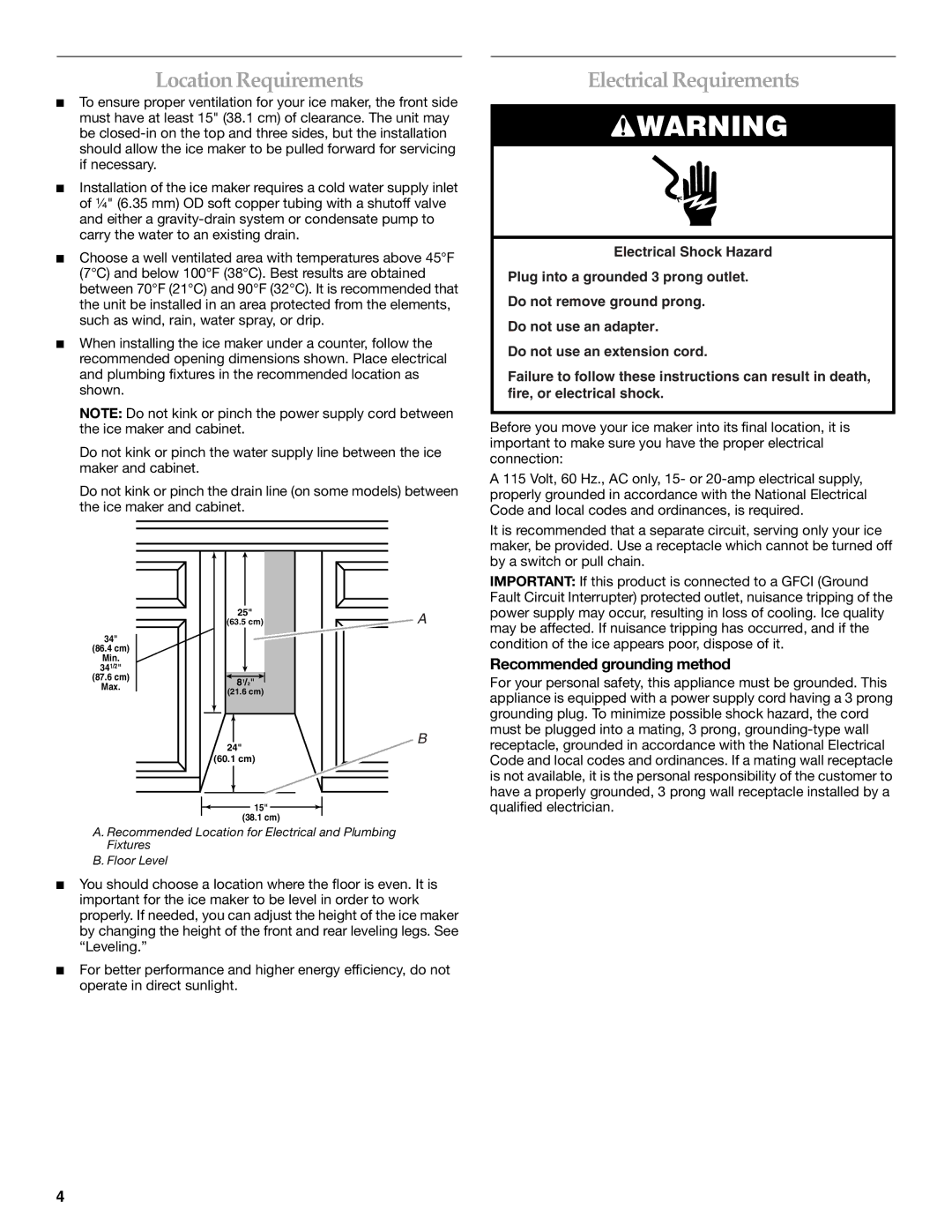 KitchenAid KUIO15NNLS manual Location Requirements, Electrical Requirements, Recommended grounding method 