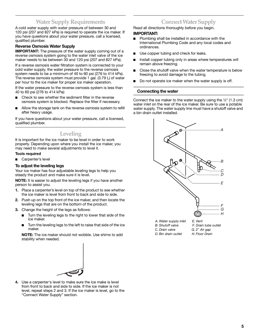 KitchenAid KUIO15NNLS manual Water Supply Requirements, Leveling, Connect Water Supply 