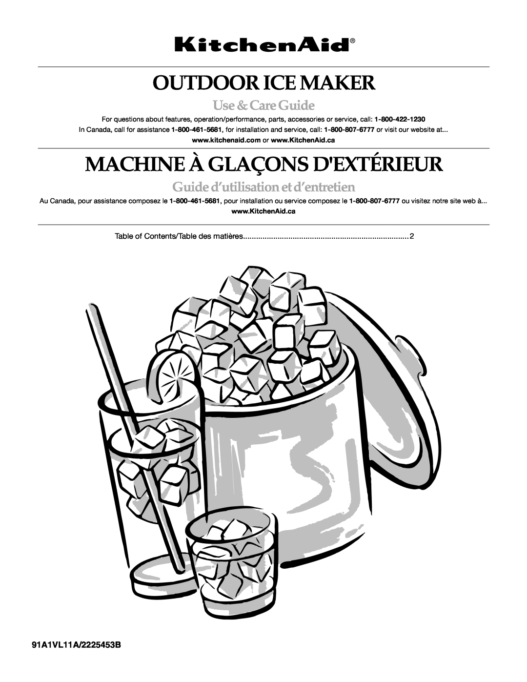KitchenAid KUIO15NNLS manual Outdoor Ice Maker, Machine À Glaçons Dextérieur, Use & Care Guide, 91A1VL11A/2225453B 