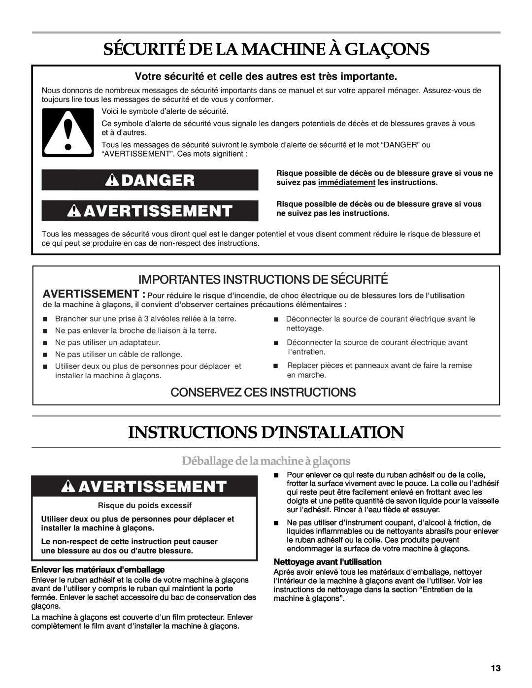 KitchenAid KUIO15NNLS manual Sécurité De La Machine À Glaçons, Instructions D’Installation, Danger Avertissement 